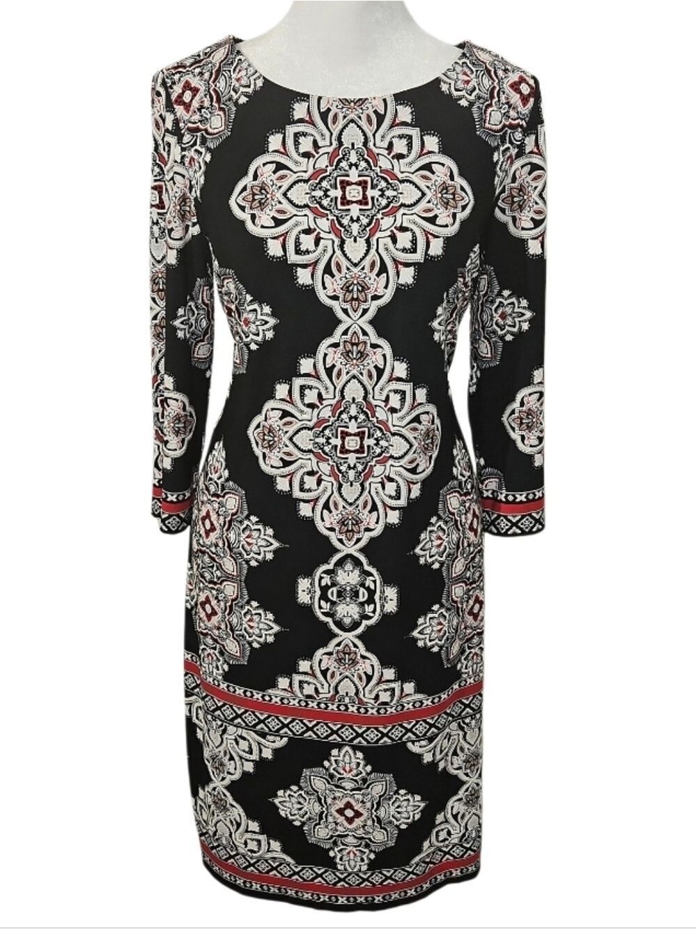 Studio One New York Black Red Cream 3/4 Sleeve Medallion Patterned Midi Dress - Picture 4 of 17